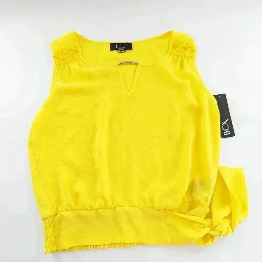 BCX women's Yellow Easter Sleeveless XS Tie Bottom Top With V Neck Metal Stud